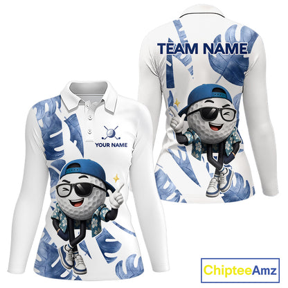 Funny Golf Ball Tropical Pattern Custom Womens Golf Polo Shirts, Golfing Gifts|Blue NBT708