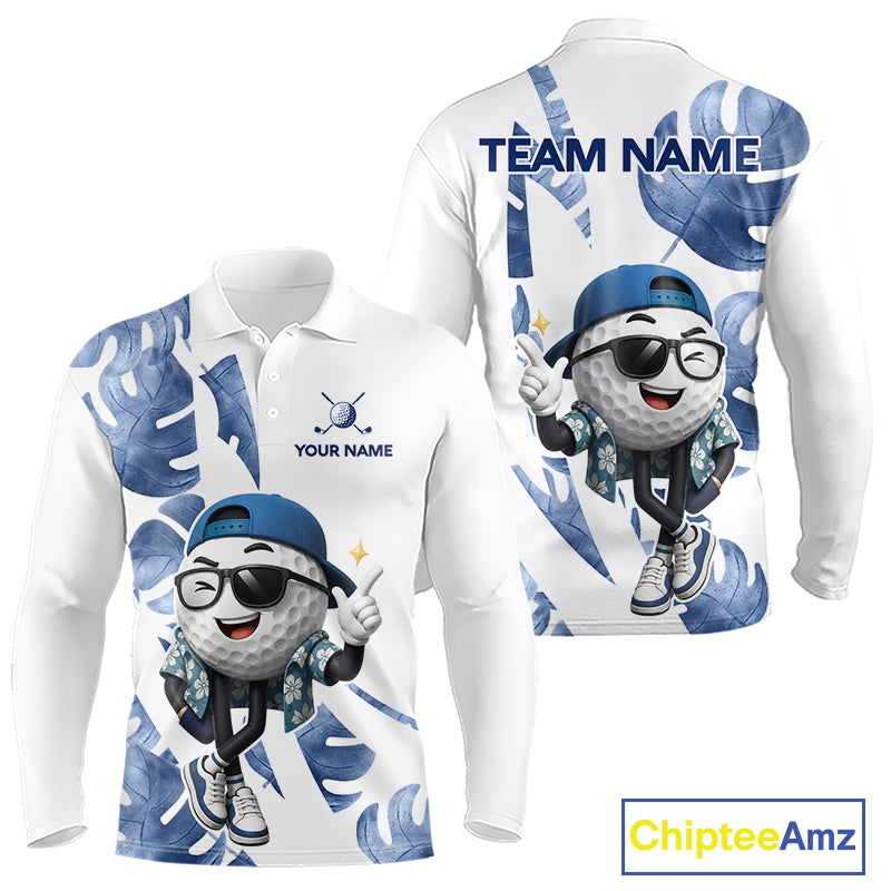 Funny Golf Ball Tropical Pattern Custom Mens Golf Polo Shirts, Golfing Gifts|Blue NBT708