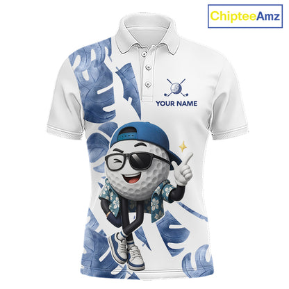 Funny Golf Ball Tropical Pattern Custom Mens Golf Polo Shirts, Golfing Gifts|Blue NBT708