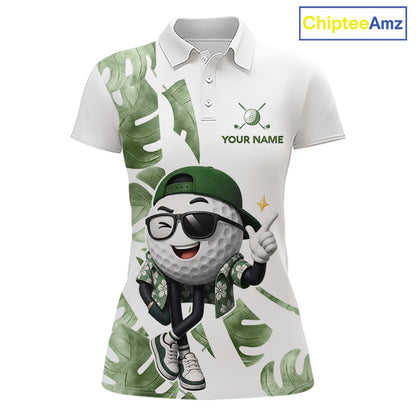 Funny Golf Ball Tropical Pattern Custom Womens Golf Polo Shirts, Golfing Gifts|Green NBT709