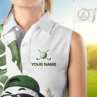 Funny Golf Ball Tropical Pattern Custom Womens Sleeveless Golf Polo Shirts, Golfing Gifts|Green NBT709