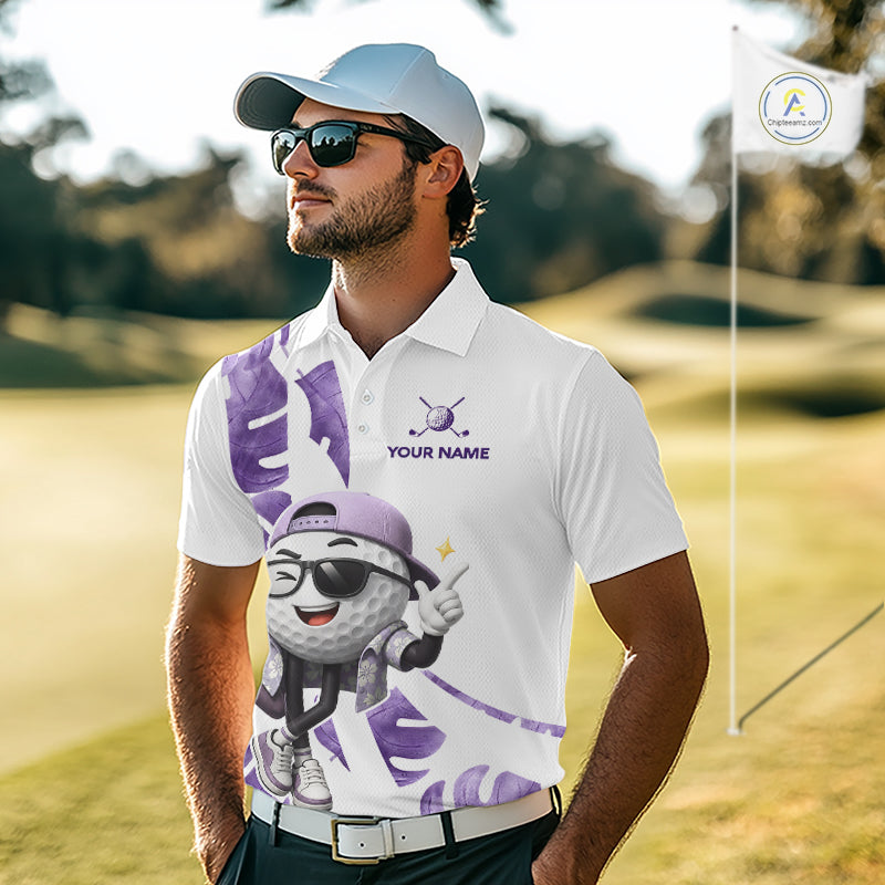 Funny Golf Ball Tropical Pattern Custom Mens Golf Polo Shirts, Golfing Gifts|Purple NBT710
