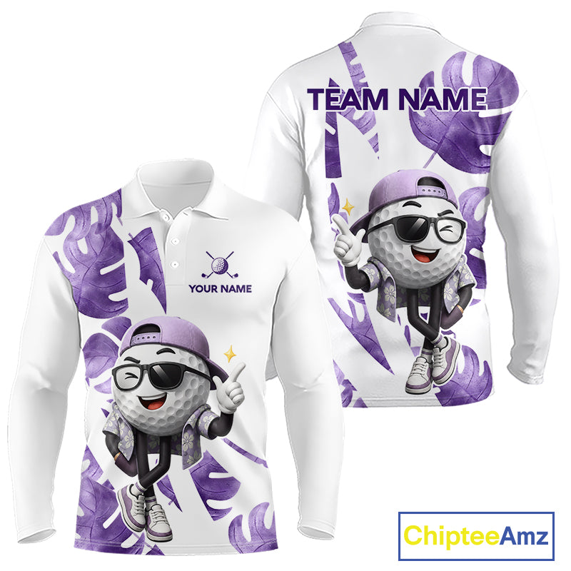 Funny Golf Ball Tropical Pattern Custom Mens Golf Polo Shirts, Golfing Gifts|Purple NBT710