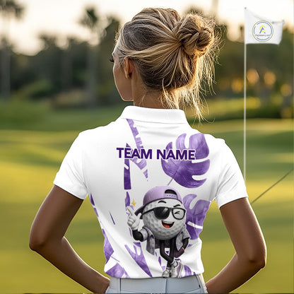 Funny Golf Ball Tropical Pattern Custom Womens Golf Polo Shirts, Golfing Gifts|Purple NBT710