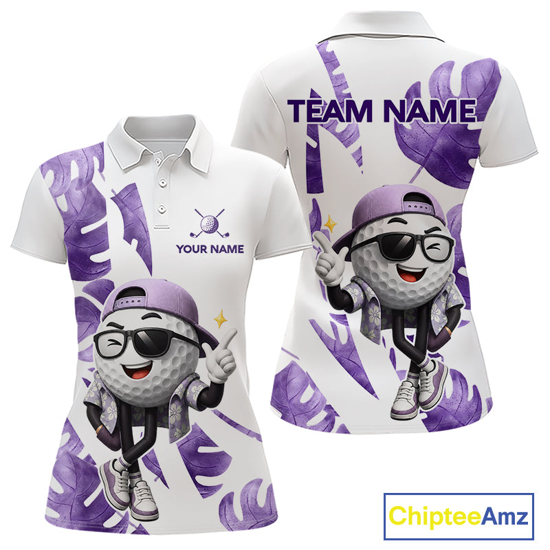 Funny Golf Ball Tropical Pattern Custom Womens Golf Polo Shirts, Golfing Gifts|Purple NBT710