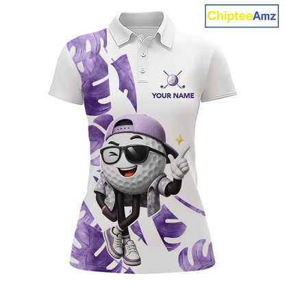 Funny Golf Ball Tropical Pattern Custom Womens Golf Polo Shirts, Golfing Gifts|Purple NBT710