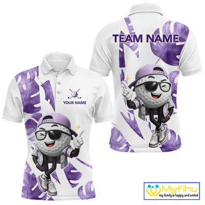 Funny Golf Ball Tropical Pattern Custom Mens Golf Polo Shirts, Golfing Gifts|Purple NBT710