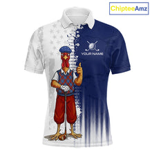 Load image into Gallery viewer, Front view of funny colorful rooster American Flag mens golf polo shirt