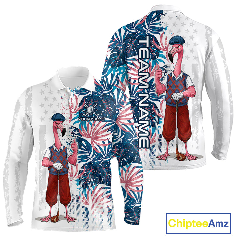 Front and back view of funny colorful rooster American Flag mens long sleeve golf polo shirt