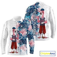 Load image into Gallery viewer, Front and back view of funny colorful rooster American Flag mens long sleeve golf polo shirt