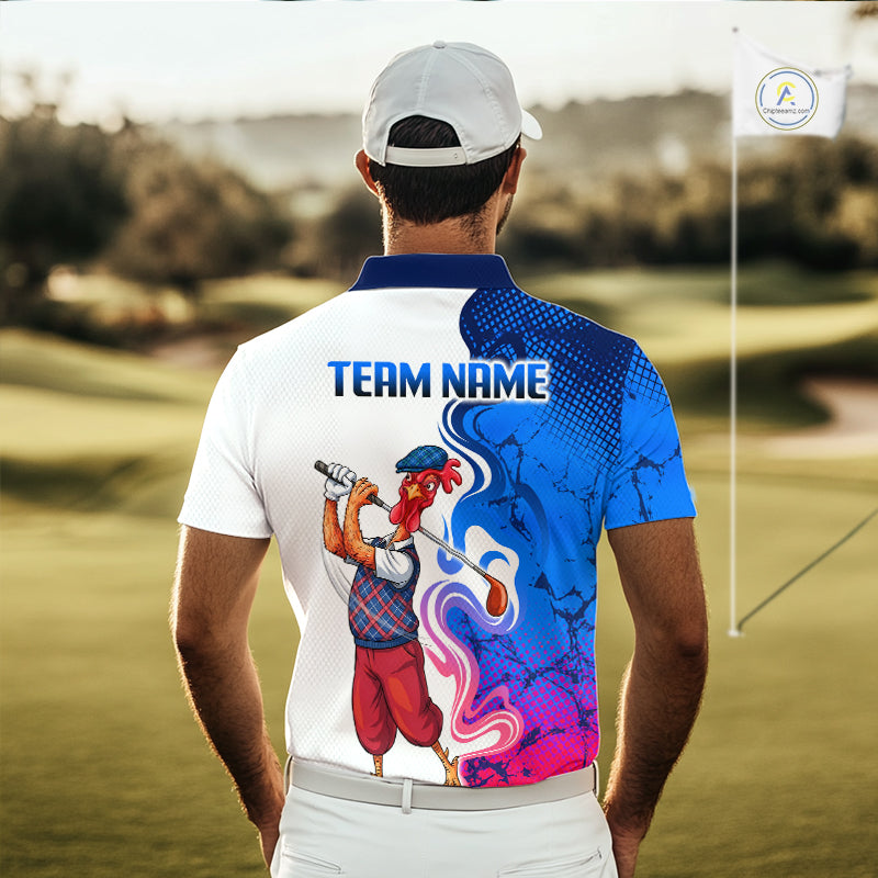 Man wearing Funny Rooster Camouflage Golf Polo Shirt Men on Golf Course with Custom Team Name on the back