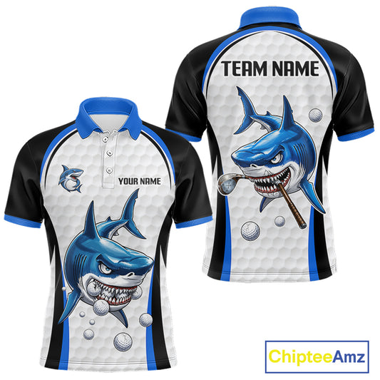 Blue White Shark Pattern Mens Golf Polo Shirt Front and Back View Custom Name Custom Team Name