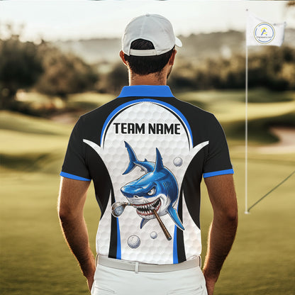 Man wearing Blue White Shark Pattern Mens Golf Polo Shirt Back View with custom team name on the back