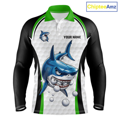 Green White Shark Pattern Mens Long Sleeve Golf Polo Shirt Front View Custom Name