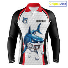Load image into Gallery viewer, Blue White Shark Pattern Long Sleeve Mens Golf Polo Shirt Front View Custom Name