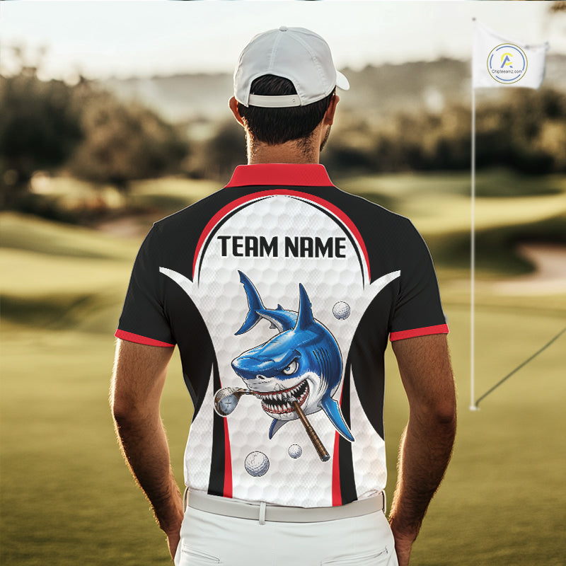 Man wearing Red White Shark Pattern Mens Golf Polo Shirt Back View with custom team name on the back