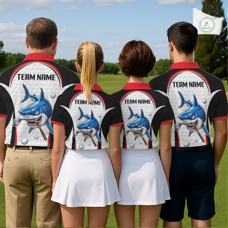 Team wearing Red White Shark Pattern Mens Golf Polo Shirt Custom Team Name on the back