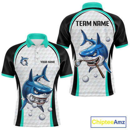 Turquoise White Shark Pattern Mens Golf Polo Shirt Front and Back View Custom Name Custom Team Name