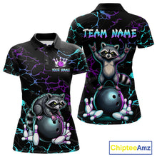 Load image into Gallery viewer, Neon Blue Purple Funny Raccoon Bowling Team Shirt Customized Bowling League Polo &amp; 1/4 Zip Gift For Women NBT893