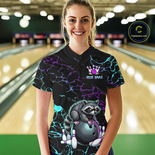 Load image into Gallery viewer, Neon Blue Purple Funny Raccoon Bowling Team Shirt Customized Bowling League Polo &amp; 1/4 Zip Gift For Women NBT893