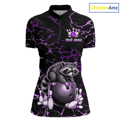 Purple Funny Raccoon Bowling Team Shirt Customized Bowling League Polo & 1/4 Zip Gift For Women NBT894
