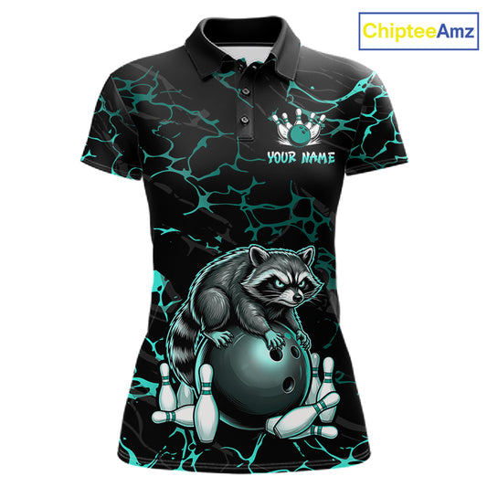 Turquoise Funny Raccoon Bowling Team Shirt Customized Bowling League Polo & 1/4 Zip Gift For Women NBT895