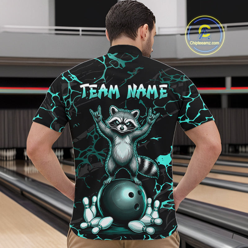 Turquoise Funny Raccoon Bowling Team Shirt Customized Bowling League Polo & 1/4 Zip Gift For Men NBT895