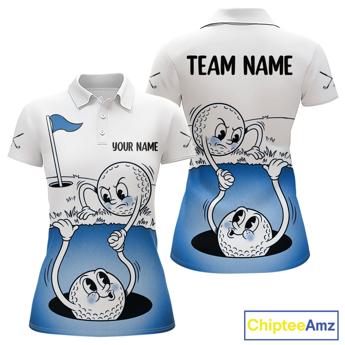 Blue Funny Golf Rescue Team Polo Shirt Custom Name, Golf Ball Cartoon Polo, White Golf Shirt NBT599