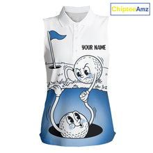 Load image into Gallery viewer, Blue Funny Sleeveless Golf Rescue Team Polo Shirt Custom Name, Golf Ball Cartoon Polo, White Golf Shirt NBT599