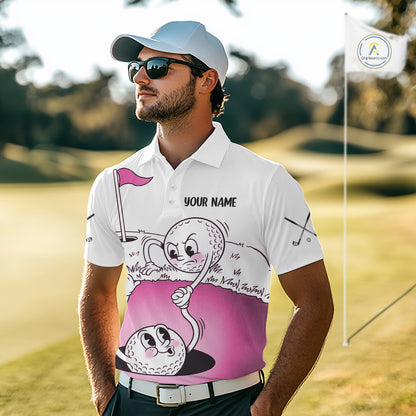 Pink Funny Golf Rescue Team Polo Shirt Custom Name, Golf Ball Cartoon Polo, White Golf Shirt NBT600
