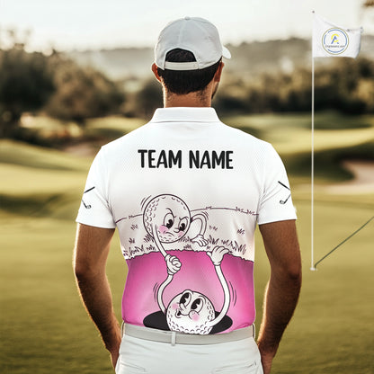 Pink Funny Golf Rescue Team Polo Shirt Custom Name, Golf Ball Cartoon Polo, White Golf Shirt NBT600