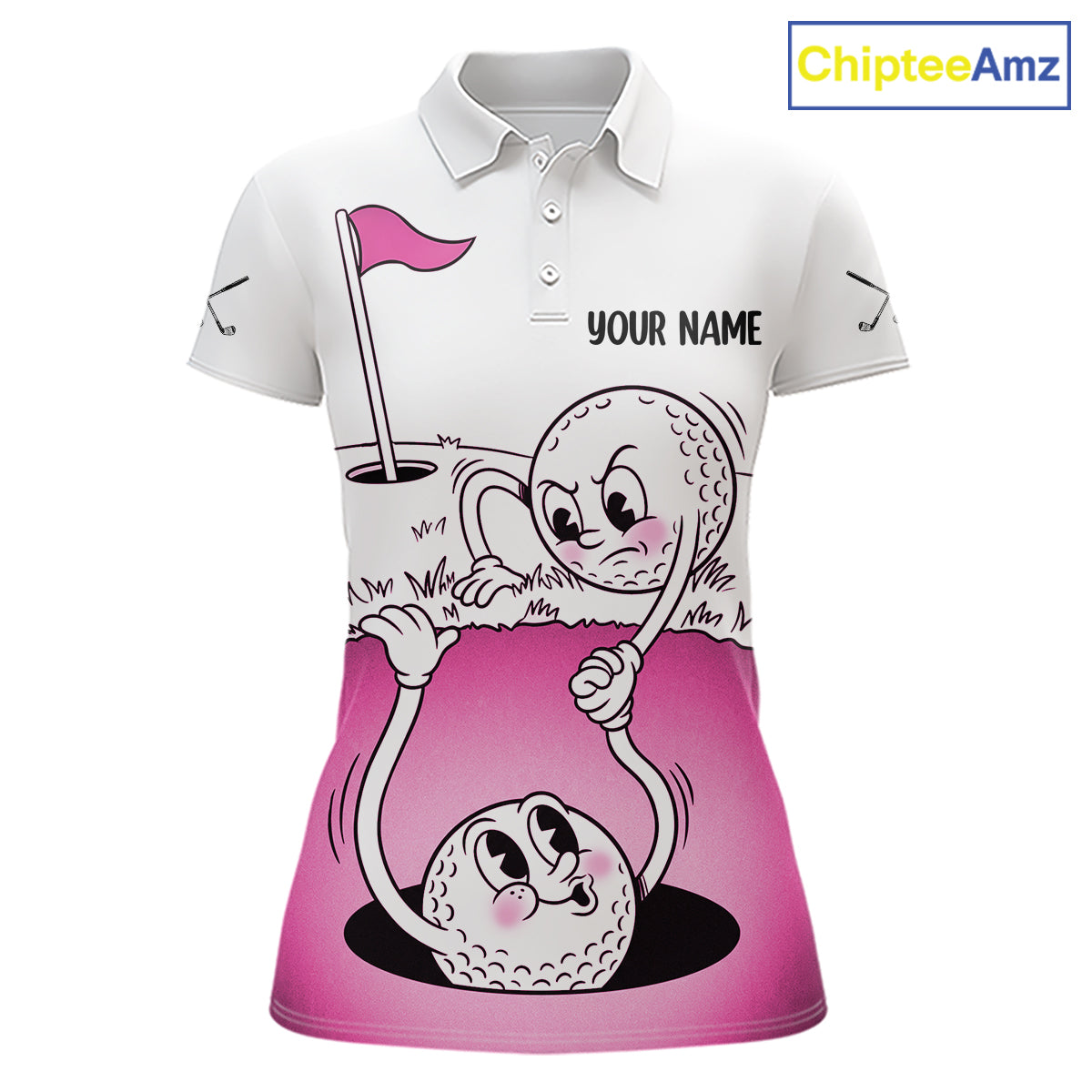 Pink Funny Golf Rescue Team Polo Shirt Custom Name, Golf Ball Cartoon Polo, White Golf Shirt NBT600
