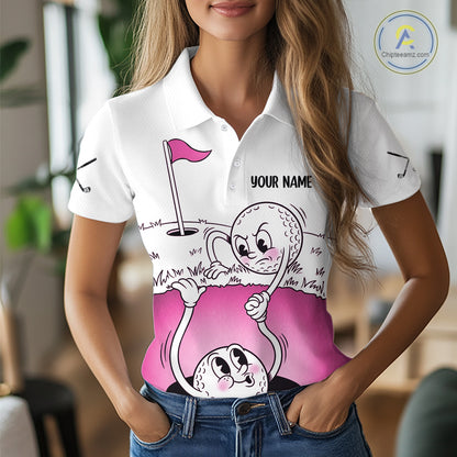 Pink Funny Golf Rescue Team Polo Shirt Custom Name, Golf Ball Cartoon Polo, White Golf Shirt NBT600