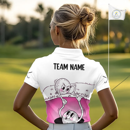 Pink Funny Golf Rescue Team Polo Shirt Custom Name, Golf Ball Cartoon Polo, White Golf Shirt NBT600