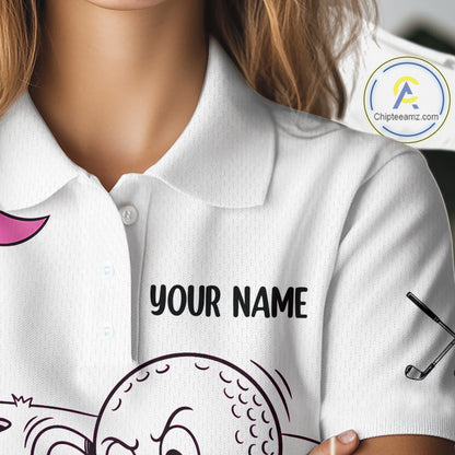 Pink Funny Golf Rescue Team Polo Shirt Custom Name, Golf Ball Cartoon Polo, White Golf Shirt NBT600