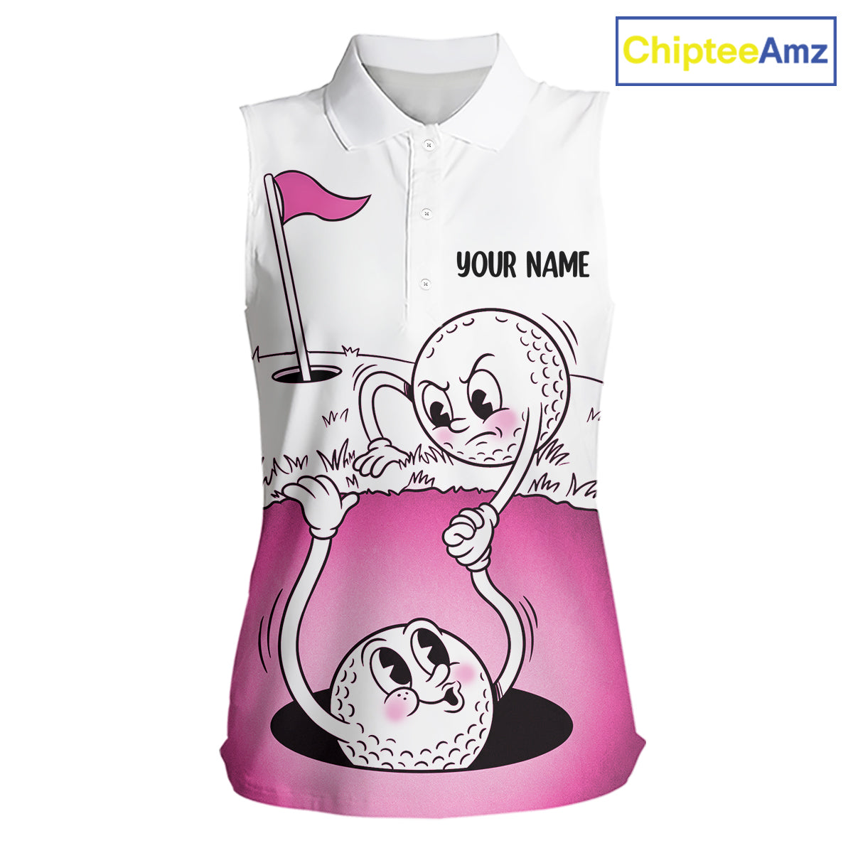 Pink Funny Sleeveless Golf Rescue Team Polo Shirt Custom Name, Golf Ball Cartoon Polo, White Golf Shirt NBT600