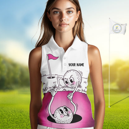 Pink Funny Sleeveless Golf Rescue Team Polo Shirt Custom Name, Golf Ball Cartoon Polo, White Golf Shirt NBT600