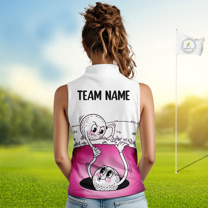 Pink Funny Sleeveless Golf Rescue Team Polo Shirt Custom Name, Golf Ball Cartoon Polo, White Golf Shirt NBT600