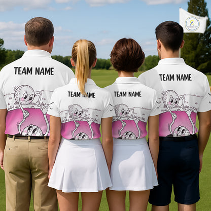 Pink Funny Golf Rescue Team Polo Shirt Custom Name, Golf Ball Cartoon Polo, White Golf Shirt NBT600