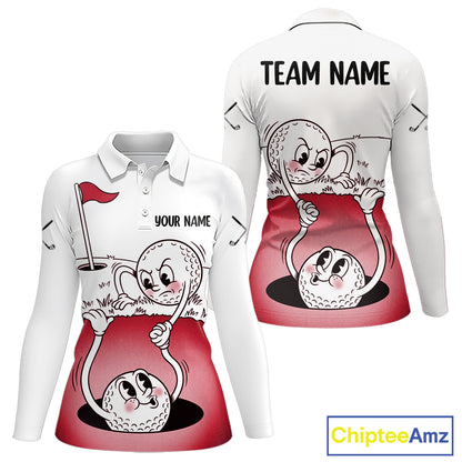 Red Funny Golf Rescue Team Polo Shirt Custom Name, Golf Ball Cartoon Polo, White Golf Shirt NBT601