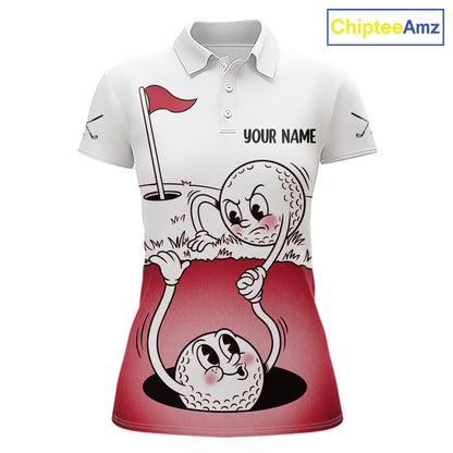Red Funny Golf Rescue Team Polo Shirt Custom Name, Golf Ball Cartoon Polo, White Golf Shirt NBT601