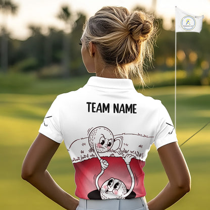 Red Funny Golf Rescue Team Polo Shirt Custom Name, Golf Ball Cartoon Polo, White Golf Shirt NBT601