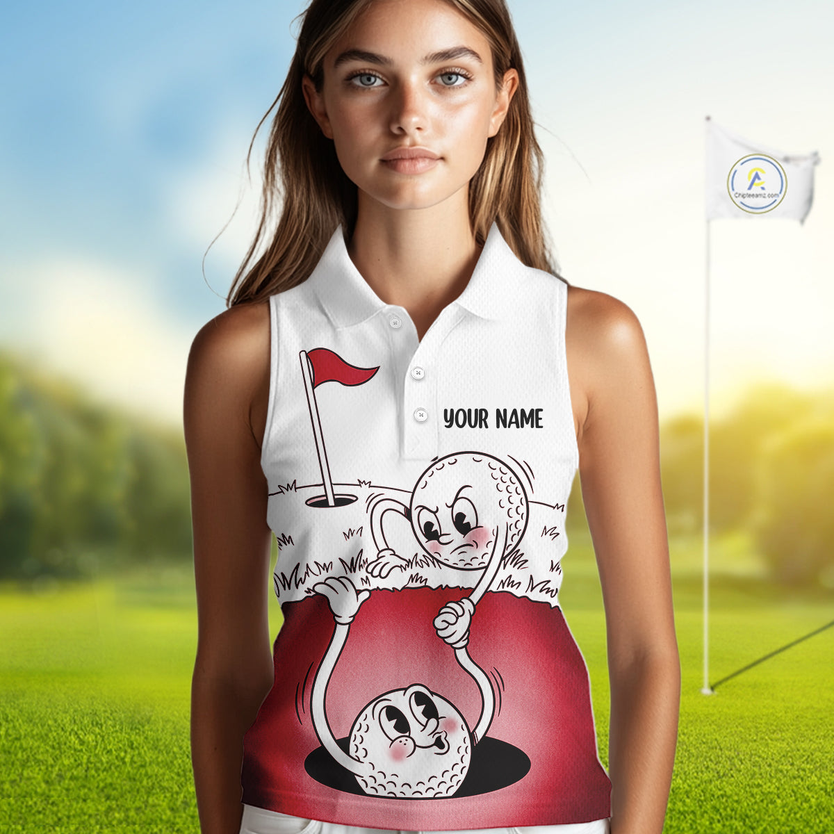 Red Funny Sleeveless Golf Rescue Team Polo Shirt Custom Name, Golf Ball Cartoon Polo, White Golf Shirt NBT601