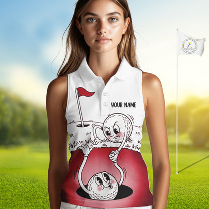 Red Funny Sleeveless Golf Rescue Team Polo Shirt Custom Name, Golf Ball Cartoon Polo, White Golf Shirt NBT601