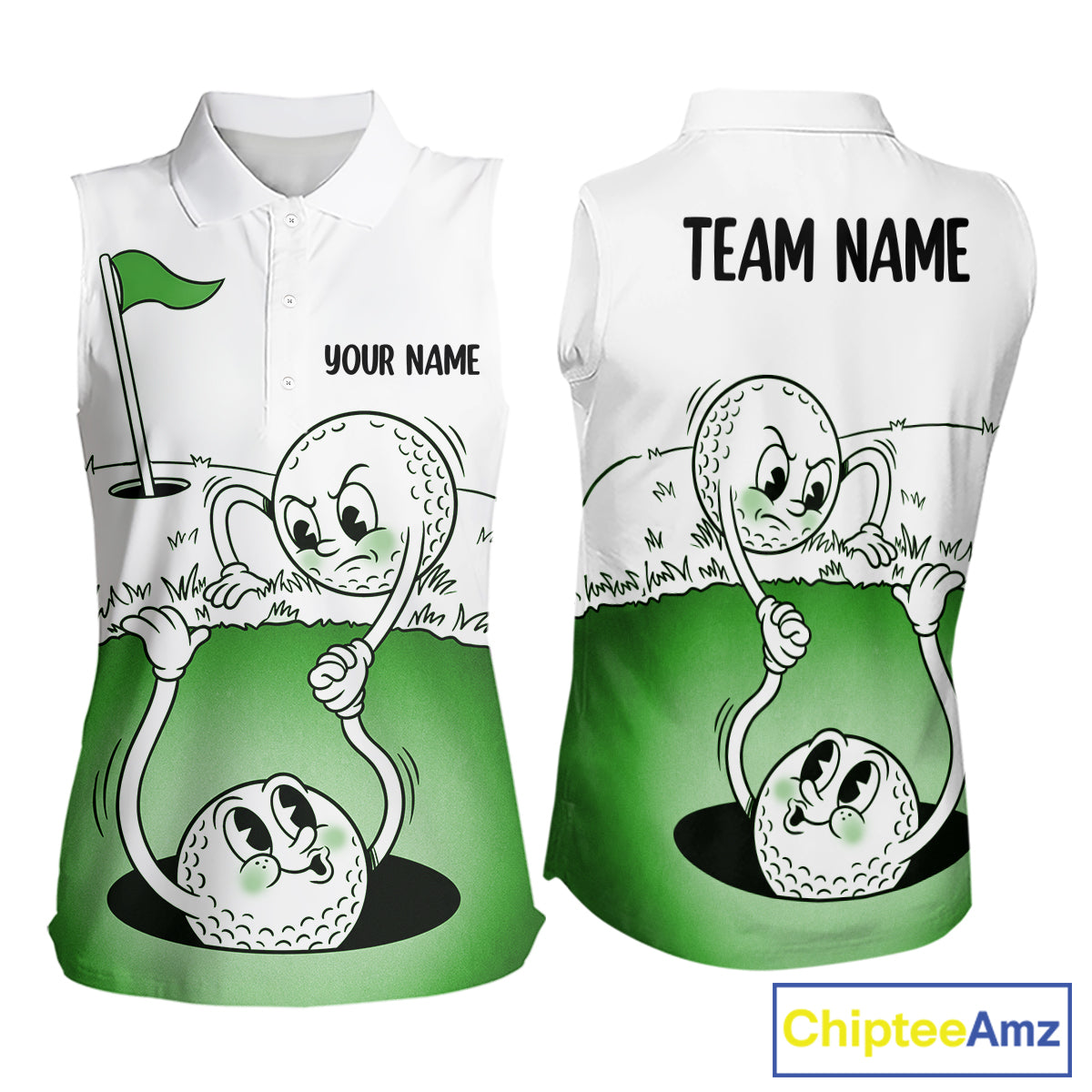 Green Funny Sleeveless Golf Rescue Team Polo Shirt Custom Name, Golf Ball Cartoon Polo, Golf Gifts NBT602