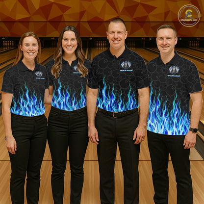 Custom Blue Fire Flame Grim Reaper Skull Bowling Women polo & 1/4 Quarter Zip Shirt, Halloween Outfit NBT901