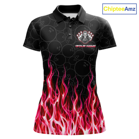 Custom Red Fire Flame Grim Reaper Skull Bowling Women polo & 1/4 Quarter Zip Shirt, Halloween Outfit NBT902