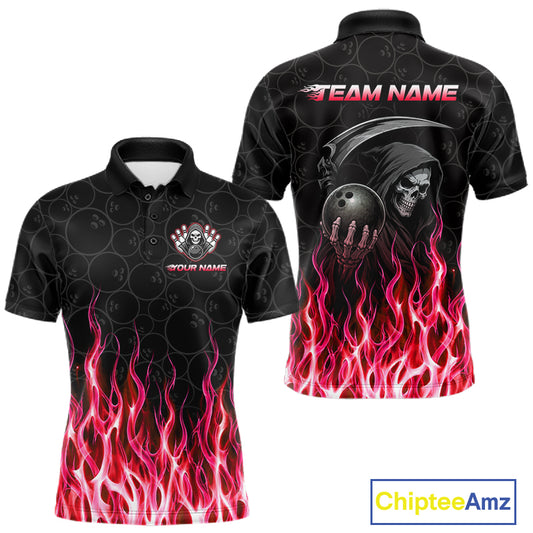 Custom Red Fire Flame Grim Reaper Skull Bowling Menpolo & 1/4 Quarter Zip Shirt, Halloween Outfit NBT902