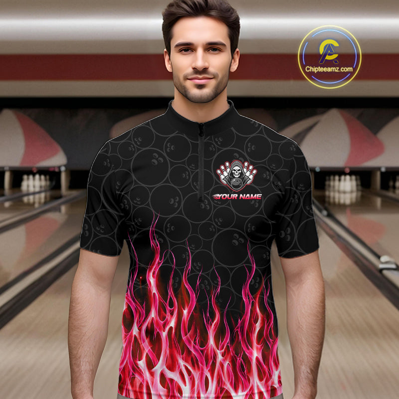 Custom Red Fire Flame Grim Reaper Skull Bowling Menpolo & 1/4 Quarter Zip Shirt, Halloween Outfit NBT902