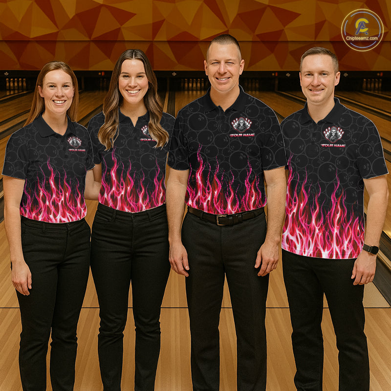Custom Red Fire Flame Grim Reaper Skull Bowling Women polo & 1/4 Quarter Zip Shirt, Halloween Outfit NBT902